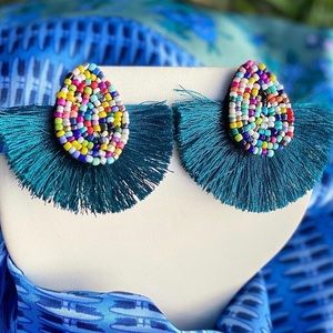 New Beautiful Dark Blue Round Tassel Earrings with beads, so luxury and chic